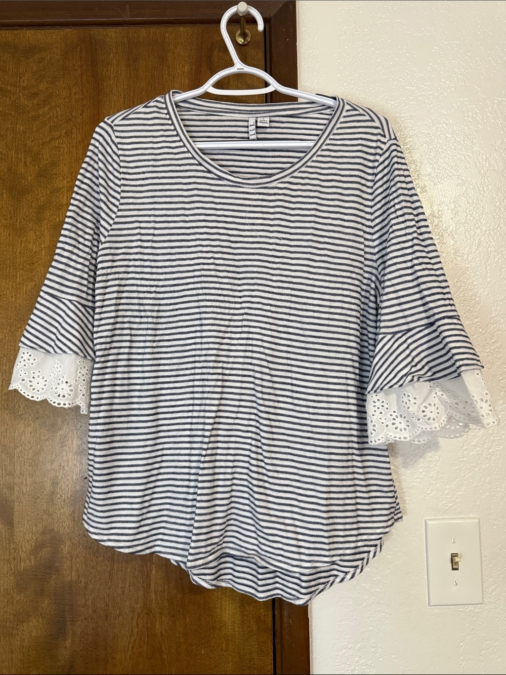 Ellie Navy and White Striped Lace-Sleeve Tee